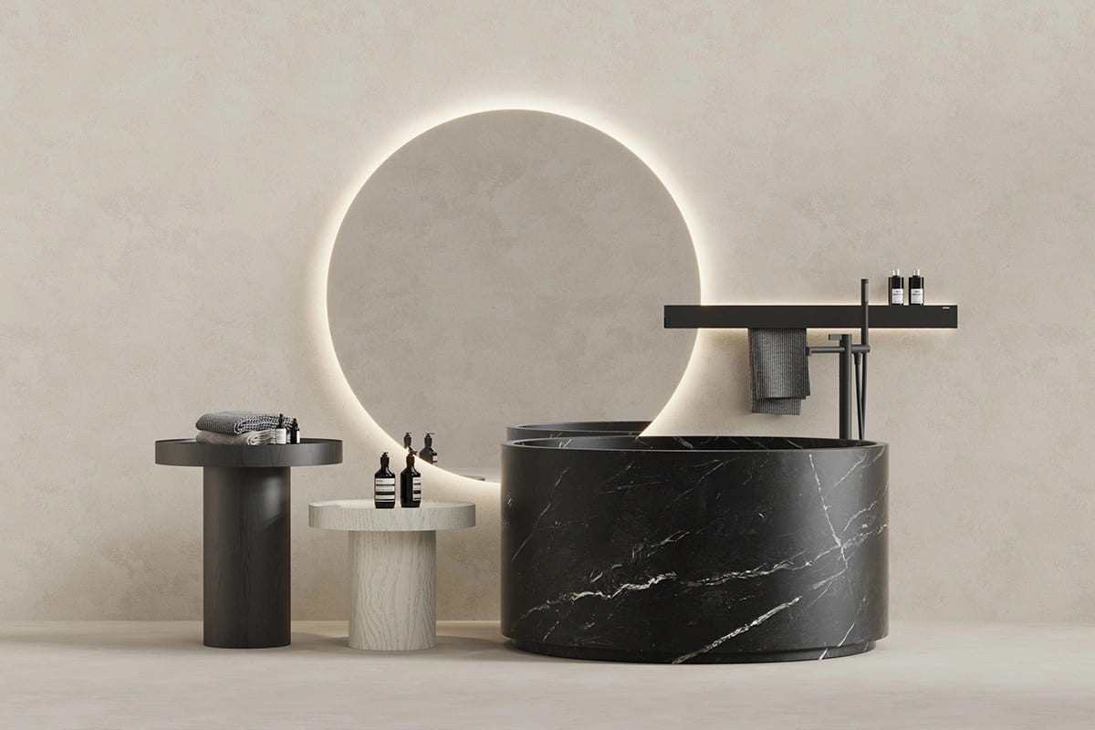 The minimalist bathroom features an LED mirror, a bathtub, and a 73 3801 bathtub faucet