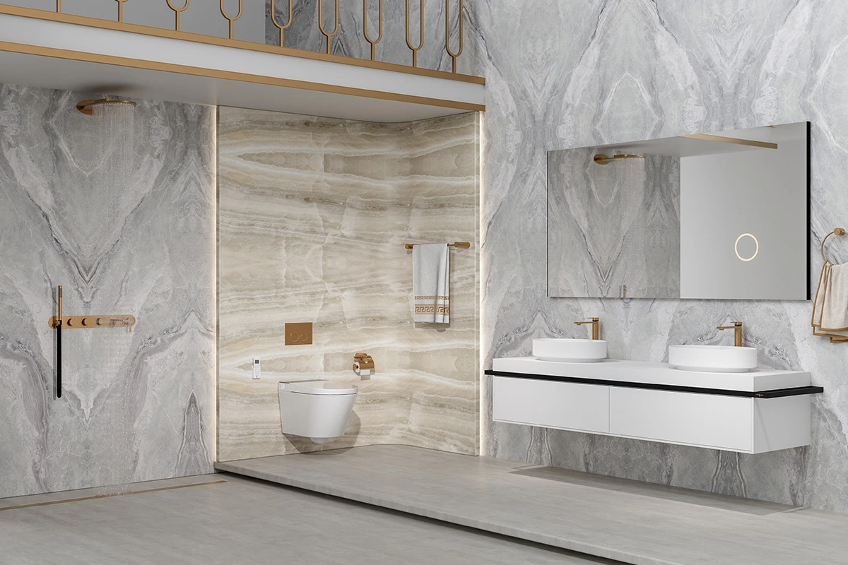 a minimalist bathroom space featuring a shower, faucet, and vanity cabinet