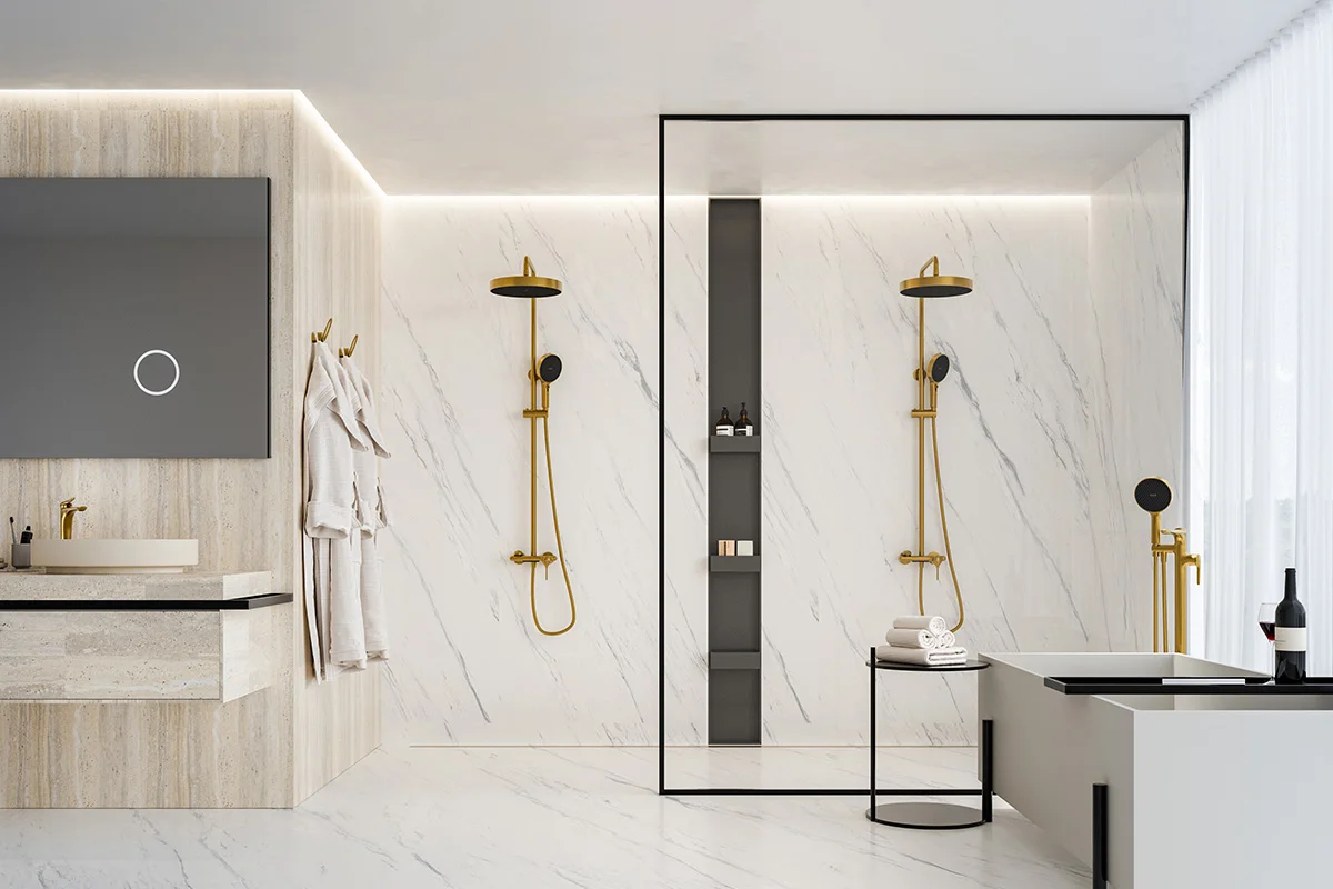 modern bathroom with shower faucet vanity