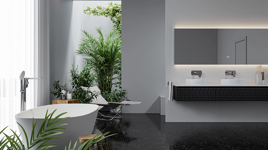 A minimalist bathroom setting featuring a wall-mounted vanity an LED mirror a bathtub and a faucet