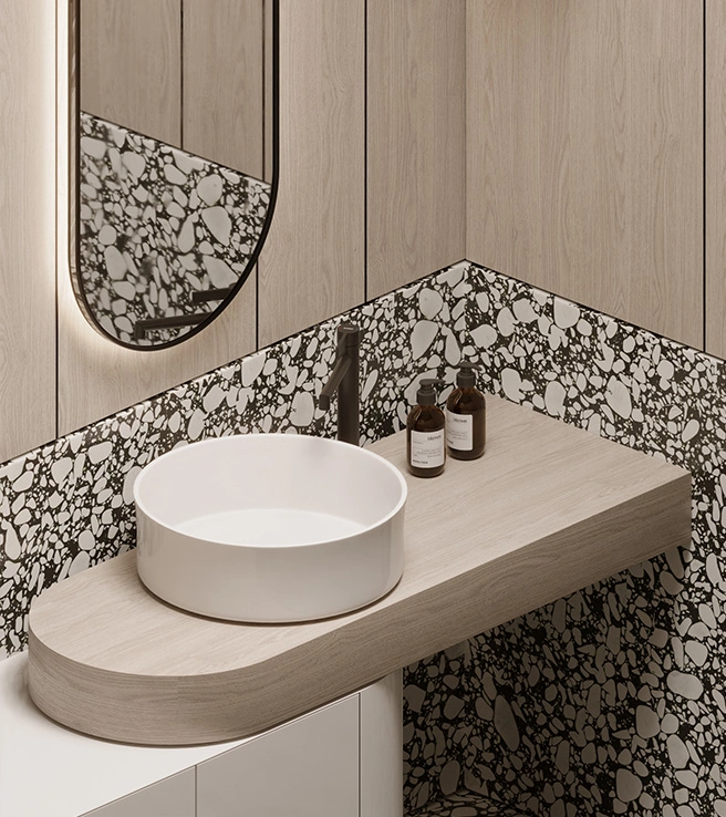 Minimalist solid wood bathroom vanity featuring a countertop basin faucet and LED mirror