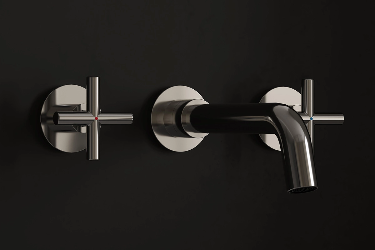 chrome wall-mounted basin faucet with dual handles