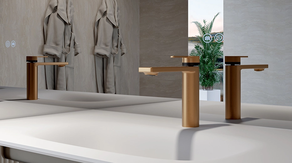Undermount bathroom vanity paired with a Refine series basin faucet