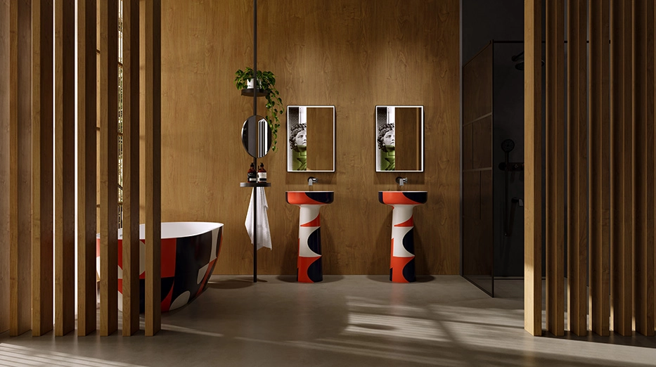 modern luxury bathroom with double basin and bathtub