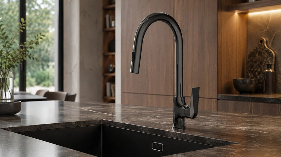 luxury kitchen with black pull down faucet
