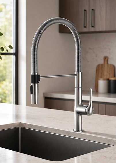modern kitchen with chrome pull down faucet